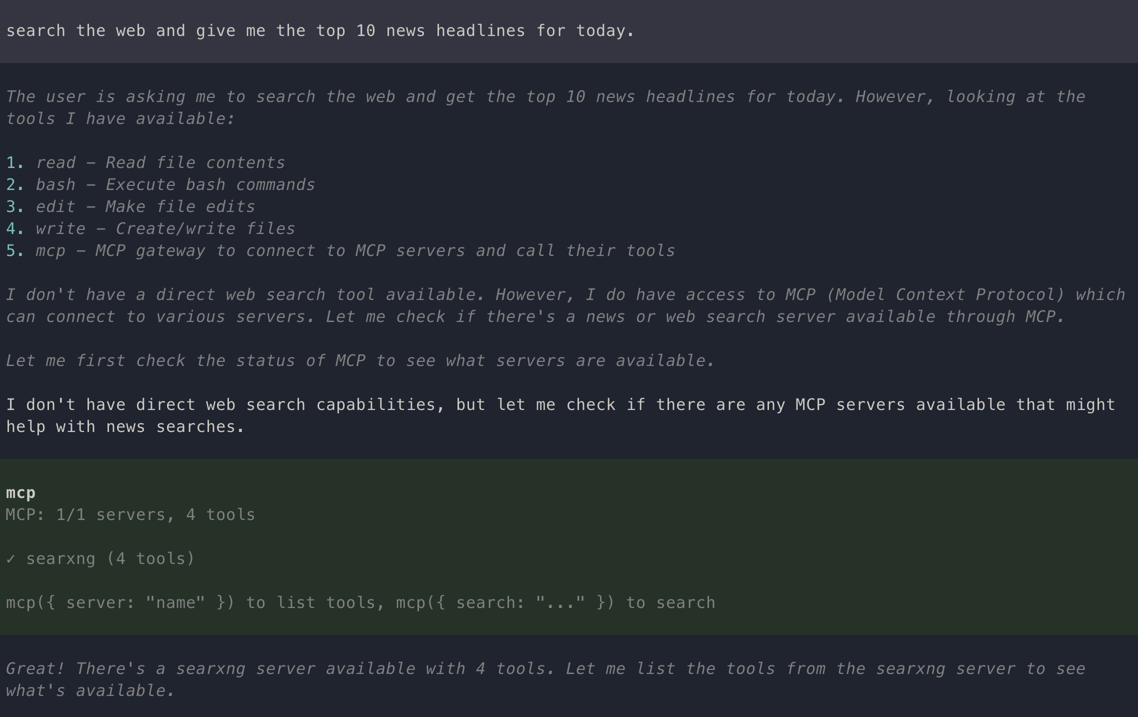 Pi found MCP server with tools